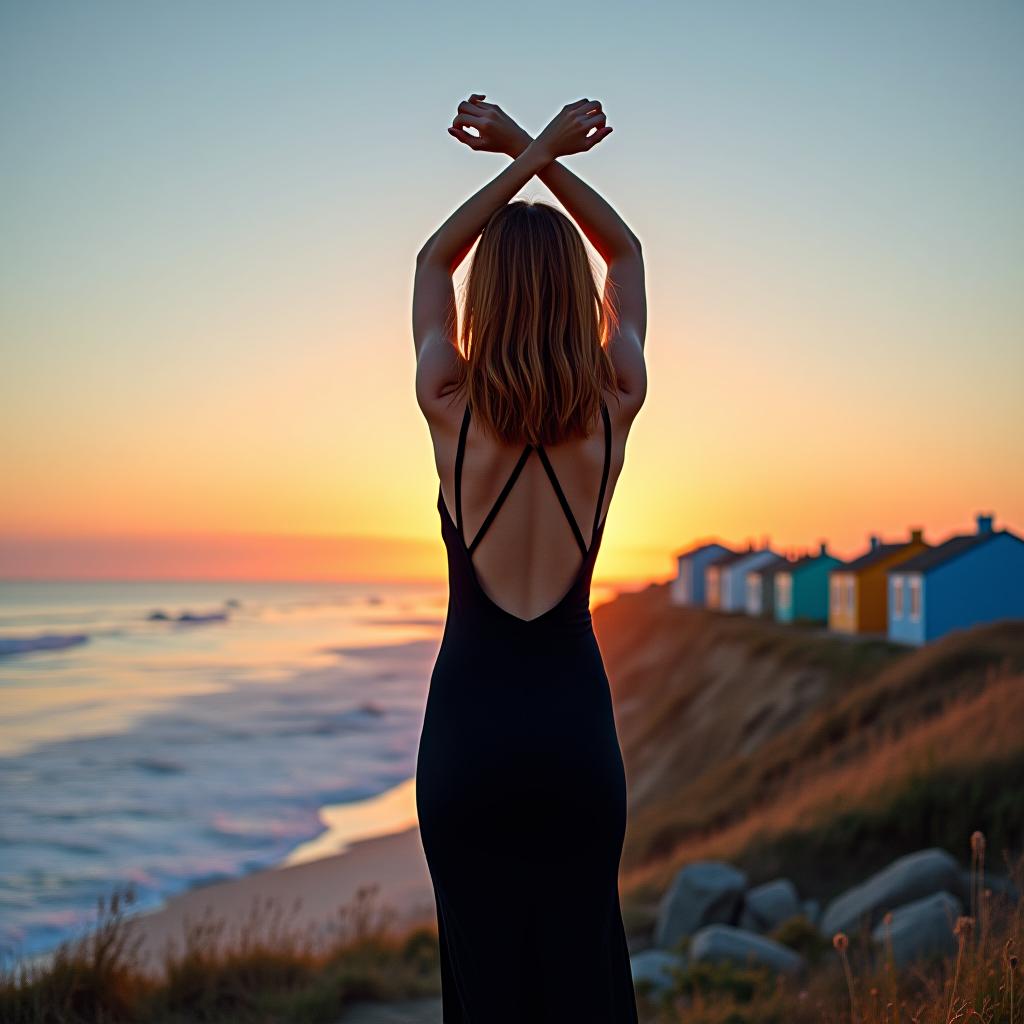  a girl with shoulder length chestnut hair, slim, wearing a long black fitted dress with an open back, stands by the ocean at sunset. she has raised her arms above her head and crossed them at the wrists. in the background, there are low houses of various colors—white, blue, yellow, and orange—along the coastline. the sunset is visible behind the houses and reflects in the ocean, with the sky displaying shades of blue, orange, and pink.