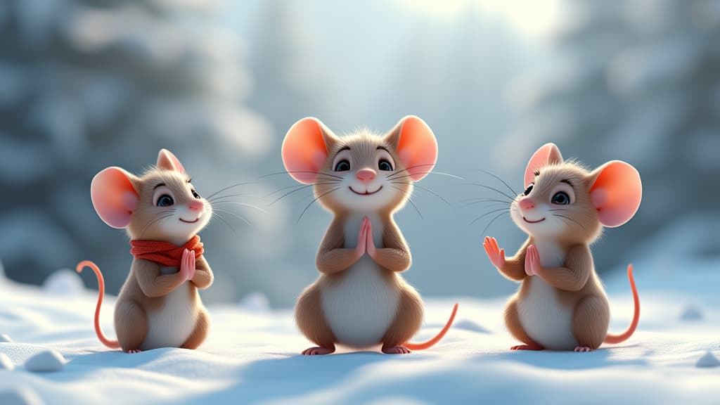  3d joyful friendly cartoon mice on a snowy white canvanamaste yoga meditation by man in white., high quality, high details, hd, perfect composition, 4k epic detailed, highly detailed, sharp focus, high resolution