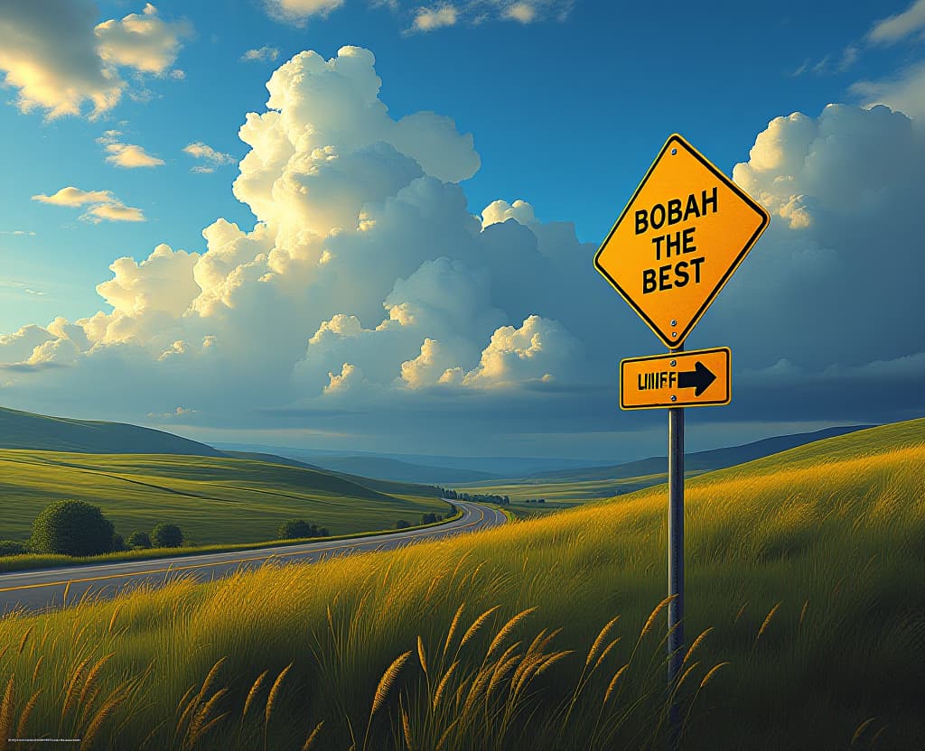  masterpiece, landscape, road sign with the text "bobah the best!", fantasy in the style of van gogh hyperrealistic, full body, detailed clothing, highly detailed, cinematic lighting, stunningly beautiful, intricate, sharp focus, f/1. 8, 85mm, (centered image composition), (professionally color graded), ((bright soft diffused light)), volumetric fog, trending on instagram, trending on tumblr, HDR 4K, 8K