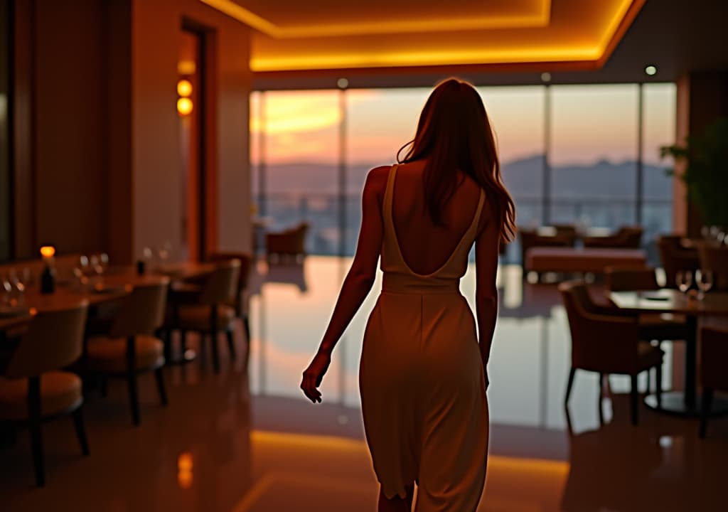  beautiful woman walking on luxury lounge hotel at evening