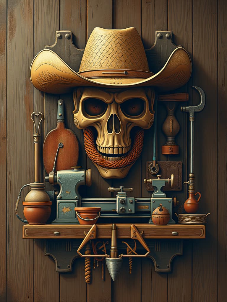  design a logo, in a surrealism style. ( show agriculture implements) lathe shop and include cowboy hat, with the text 'john vaquero (torno)'.