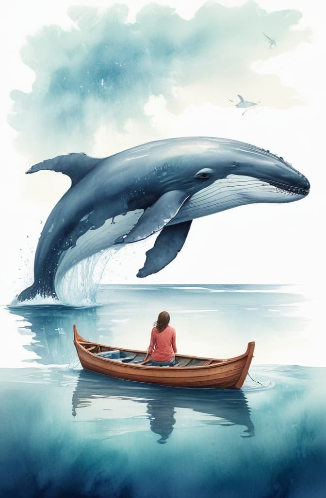 Create artwork lonely woman in small wooden boat swimming in ocean. under boat in water is a huge whale to see --ar 2:3 using watercolor techniques, featuring fluid colors, subtle gradients, transparency associated with watercolor art