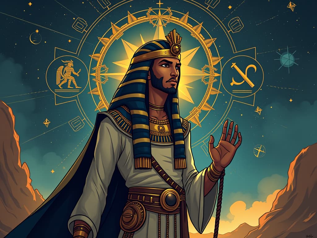  an ancient egyptian navigator, using the stars as a map, surrounded by ancient symbols, guiding them toward a deeper understanding of their purpose. the style is digital art illustration / modern comic book / mysterious occult, symbolic, esoteric vibe,high detail on character design, incorporating ancient egyptian symbology and attire.