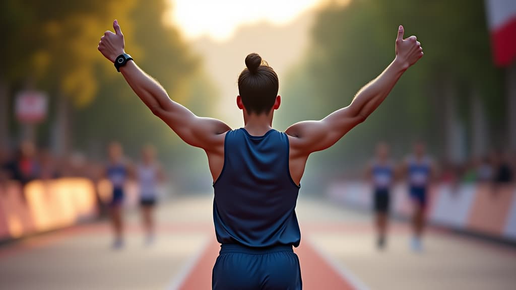  rear view of a victorious athlete raising their arms in celebration at the finish line of a race triumphal