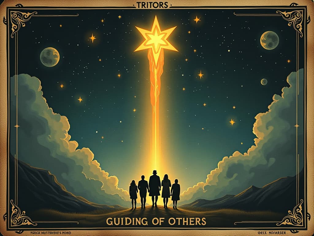  a bright star in a dark sky guiding a group of travelers, beacon of light, guiding others, cosmic direction. an illustration in the style of a worn, mystical old tarot trump card, mysterious and elements of surrealism. the colors are muted, somber and eerie, but with contrast bring out an occult and esoteric vibe.