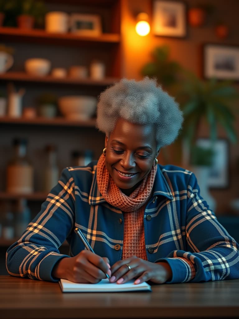  capture a stunningly beautiful, highly detailed 8k photograph of a 6 old afrodescendant senior woman, slim and fit, dressed in clic attire, embodying the warmth and simplicity of farmhouse style. set in a cozy cafe with dense, artisan crafted decorations, the scene is under the mysterious and vint hue of dusk light. the photo introduces a vint blue effect (rgb: 0, 0, 255), enhancing the retro, 1980s inspired style marked by bold neon colors and slightly grainy textures. she is captured in medium full frame, writing, surrounded by a background that blurs intricately, adding to the visual allure. this hyperrealistic, unedited raw image is color graded to perfection, illuminated by bright, soft, diffused light.