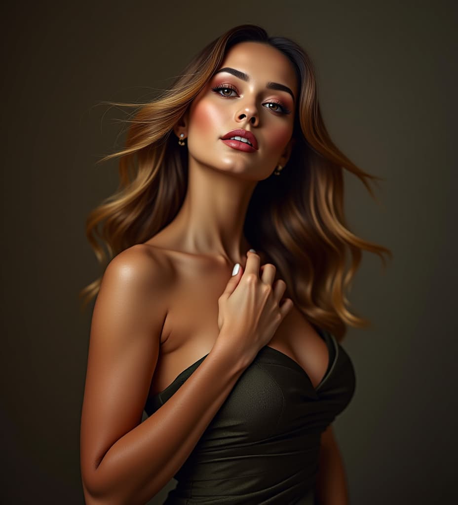  a stunning woman with long flowing hair and elegant features strikes a sensual pose, exuding confidence and allure. she is dressed in a luxurious gown, with soft lighting accentuating her beauty.