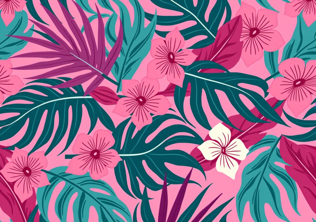  exotic pattern with pink, turquoise and magenta leaves and flowers, bold lines, flat colors on a colorful pink background