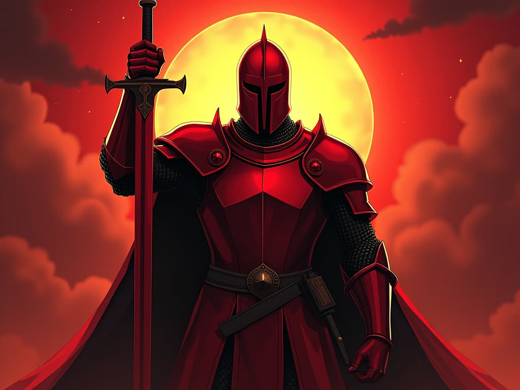  knight in red plated armor, sword raised in salute, background of blazing sunset, aura of unwavering moral standards. the style is digital art illustration / modern comic book / graphic dark novel fantasy and mysterious occult, symbolic, moody lighting, esoteric vibe,high detail on character design. for the color scheme emphasize blacks and reds.