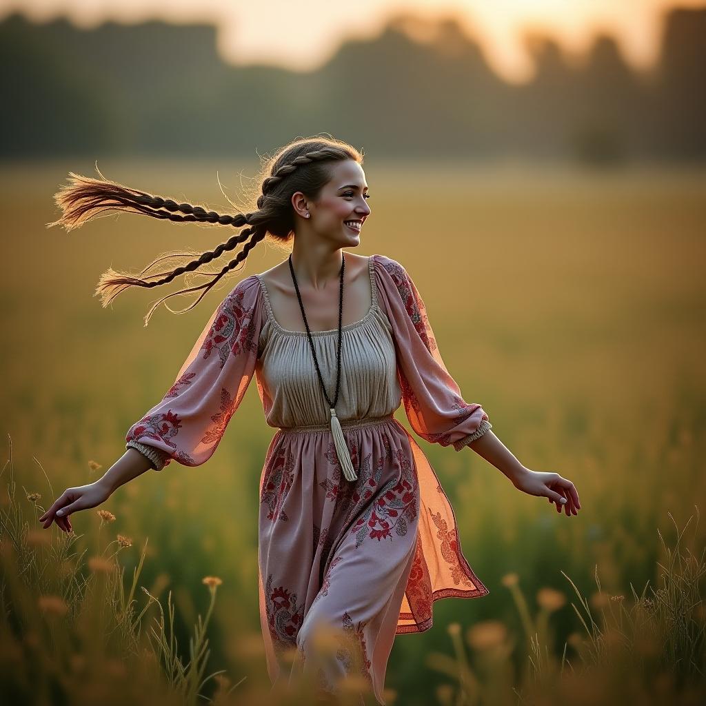  make an image of a woman with dutch braids dancing in nature in boho attire