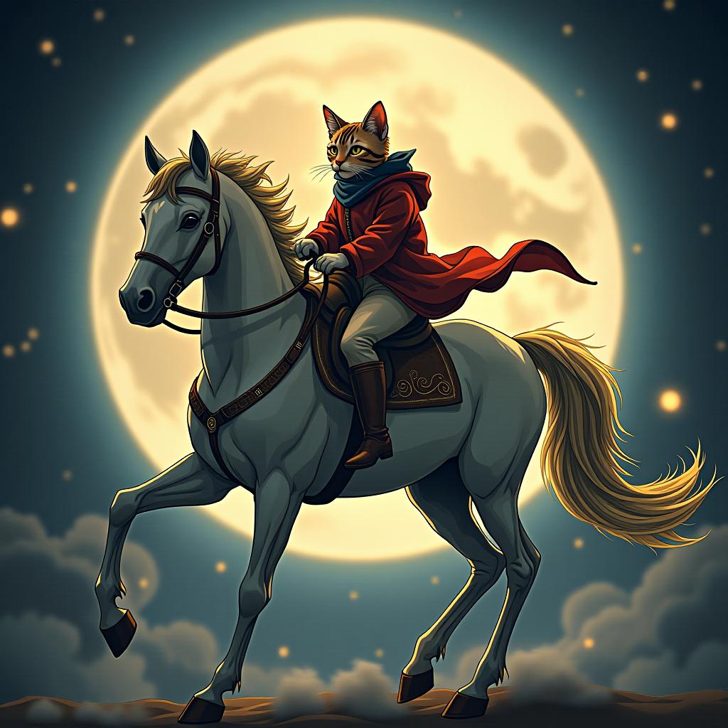  a cat riding a horse, hand drawn, on the moon, studio light, hdr 4k hyperrealistic, full body, detailed clothing, highly detailed, cinematic lighting, stunningly beautiful, intricate, sharp focus, f/1. 8, 85mm, (centered image composition), (professionally color graded), ((bright soft diffused light)), volumetric fog, trending on instagram, trending on tumblr, HDR 4K, 8K