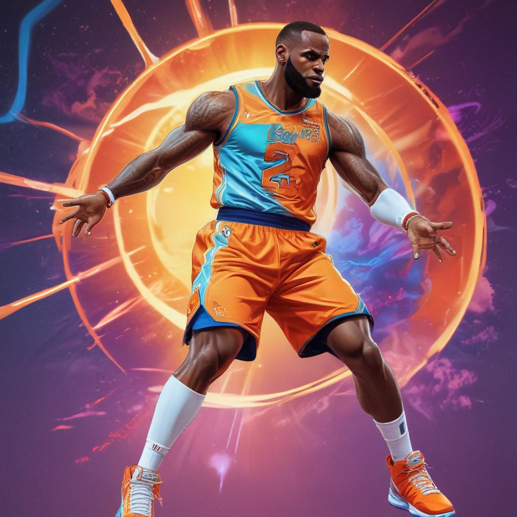 distance-shot, flashy, full-body, dynamic, holographic, animated cartoon poster of lebron james in the style of dragon ball super