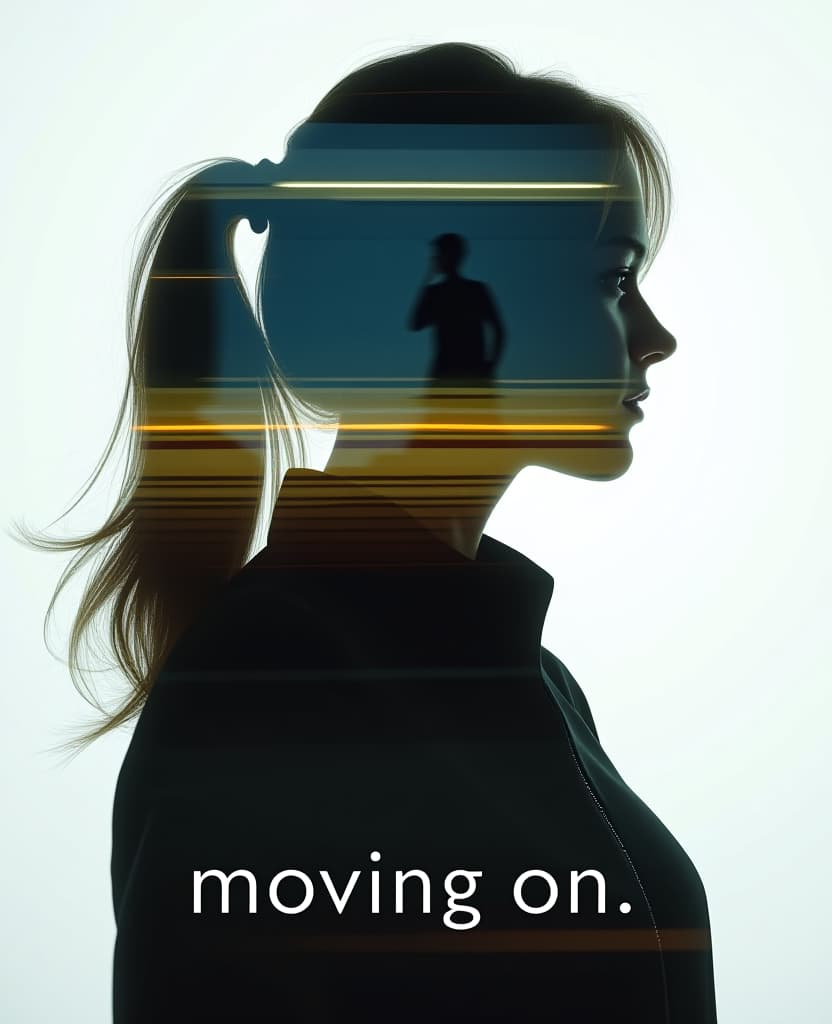  the cutout of a profile silhouette of a woman with a double exposure revealing a moving train in a blurry motion blur analog composition. a text caption underneath reads "moving on." in a pretty font. hyperrealistic, full body, detailed clothing, highly detailed, cinematic lighting, stunningly beautiful, intricate, sharp focus, f/1. 8, 85mm, (centered image composition), (professionally color graded), ((bright soft diffused light)), volumetric fog, trending on instagram, trending on tumblr, HDR 4K, 8K