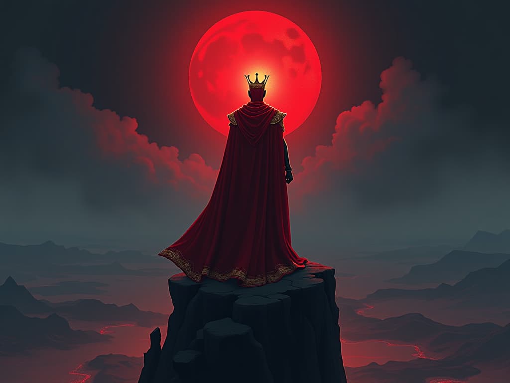  sovereign regal figure in red royal attire, crown ablaze, standing atop a cliff, overlooking a vast, open landscape, air of sovereignty. the style is digital art illustration / modern comic book / graphic dark novel fantasy and mysterious occult, symbolic, moody lighting, esoteric vibe,high detail on character design. for the color scheme emphasize blacks and reds.