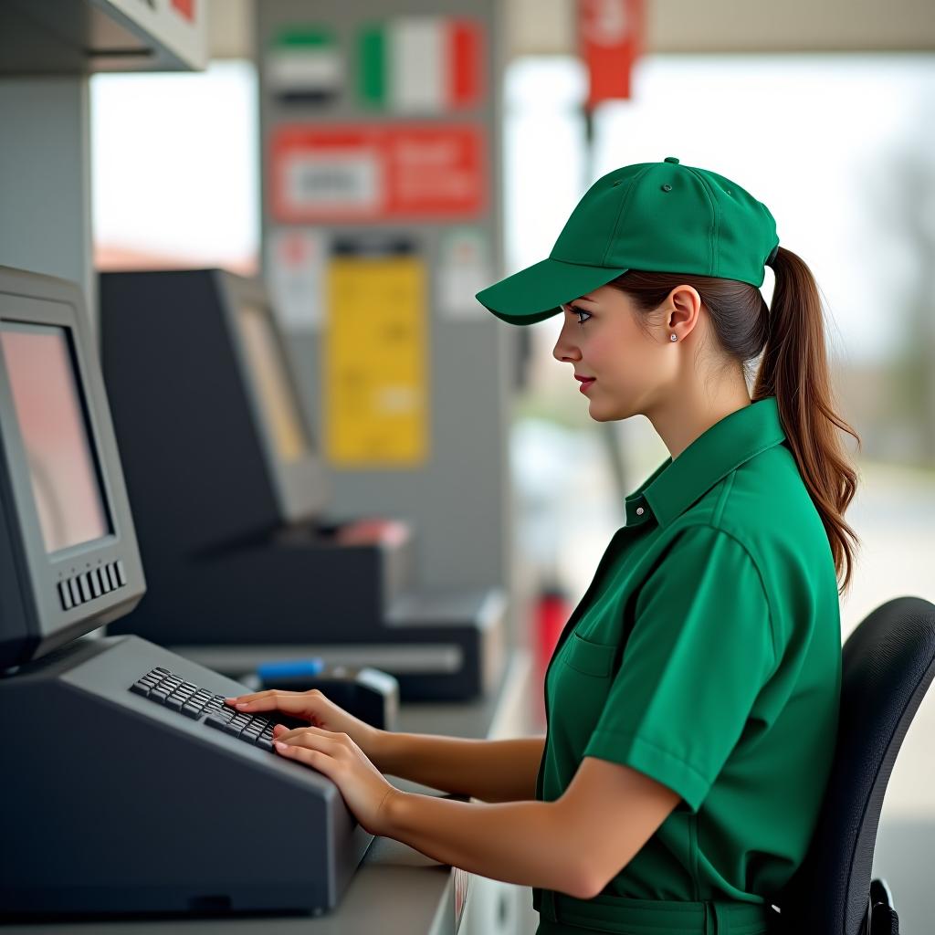  the female operator in the green uniform is sitting at the gas station cash register.