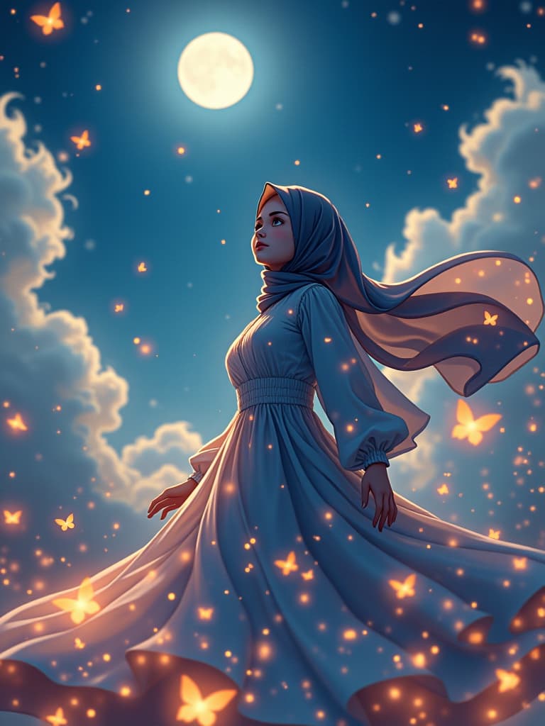  a portrait of a cute hijab girl, anime, luminous dress , wind, sky, clouds, the moon, moonlight, stars, universe, fireflies, butterflies, lights, lens flares effects, swirly bokeh, brush effect, concept art,in style of yoji shinkawa, jackson pollock, wojtek fus, by makoto shinkai, celestial, amazing, astonishing, wonderful, beautiful, highly detailed, centered firooze hyperrealistic, full body, detailed clothing, highly detailed, cinematic lighting, stunningly beautiful, intricate, sharp focus, f/1. 8, 85mm, (centered image composition), (professionally color graded), ((bright soft diffused light)), volumetric fog, trending on instagram, trending on tumblr, HDR 4K, 8K