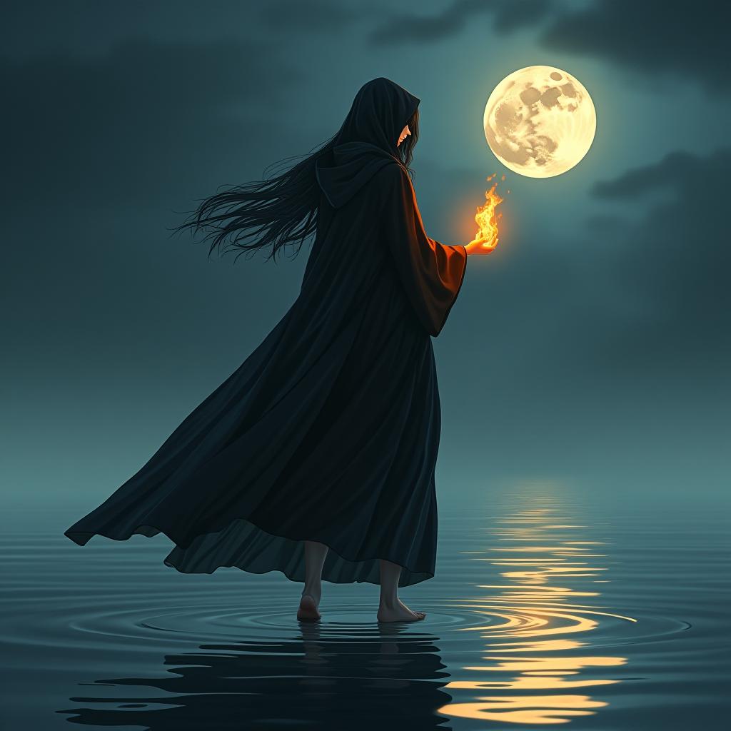  a sorceress girl with long black hair in a long black hooded dress rises above the water's surface, where the reflection of the moon drifts. the moon is in the sky, and the girl has bare feet, holding flames in her hands, with the reflection of the fire gleaming in her eyes.