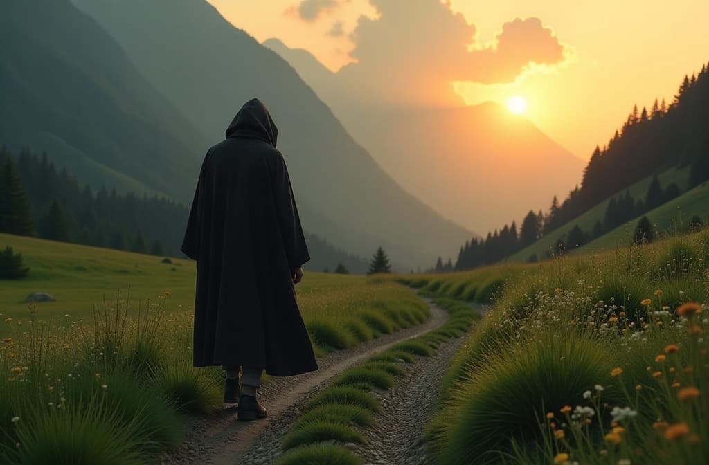  a lone person in a dark cloak walking on a path through a lush, green meadow with a dramatic, mountainous landscape in the background. the sun is setting, casting a warm, golden glow over the scene hyperrealistic, full body, detailed clothing, highly detailed, cinematic lighting, stunningly beautiful, intricate, sharp focus, f/1. 8, 85mm, (centered image composition), (professionally color graded), ((bright soft diffused light)), volumetric fog, trending on instagram, trending on tumblr, HDR 4K, 8K