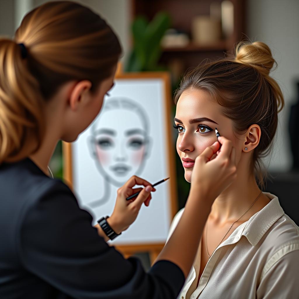  the female instructor is pointing to the model girl to demonstrate the eyebrow shaping sketch.