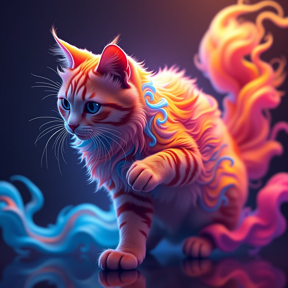  a vibrant, neon colored cat with a dynamic, fluid pose, rendered in a dynamic and captivating style. the cat's fur is a mix of bright colors, flowing and shifting like liquid. the background is a blur of abstract shapes and colors, echoing the energy of the cat.hyper detail, intricate details, sharp focus, high resolution, 8k, ultra detailed, vib