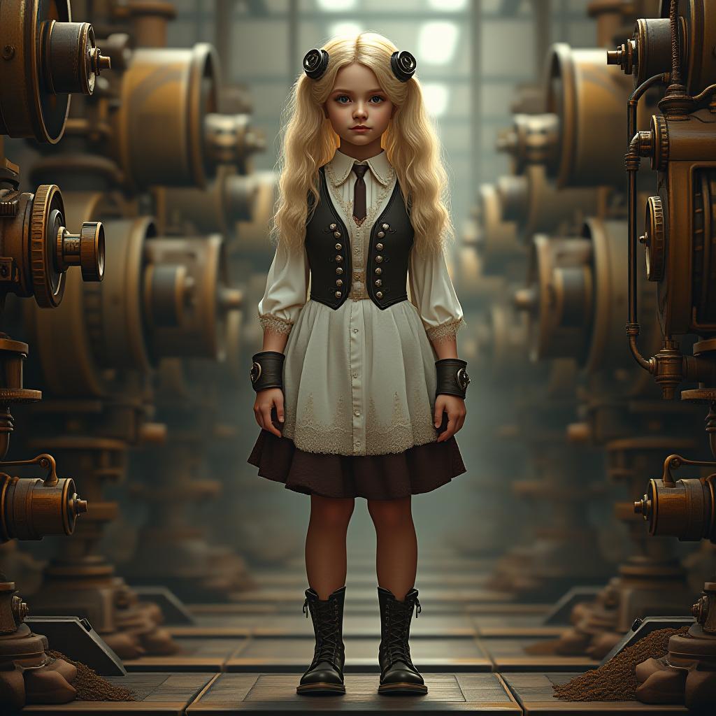  steampunk, , blonde hair, age 13, full body view, you can see and feet, ,, retrofuturistic science fantasy, steam powered tech, vintage industry, gears, neo victorian, steampunk