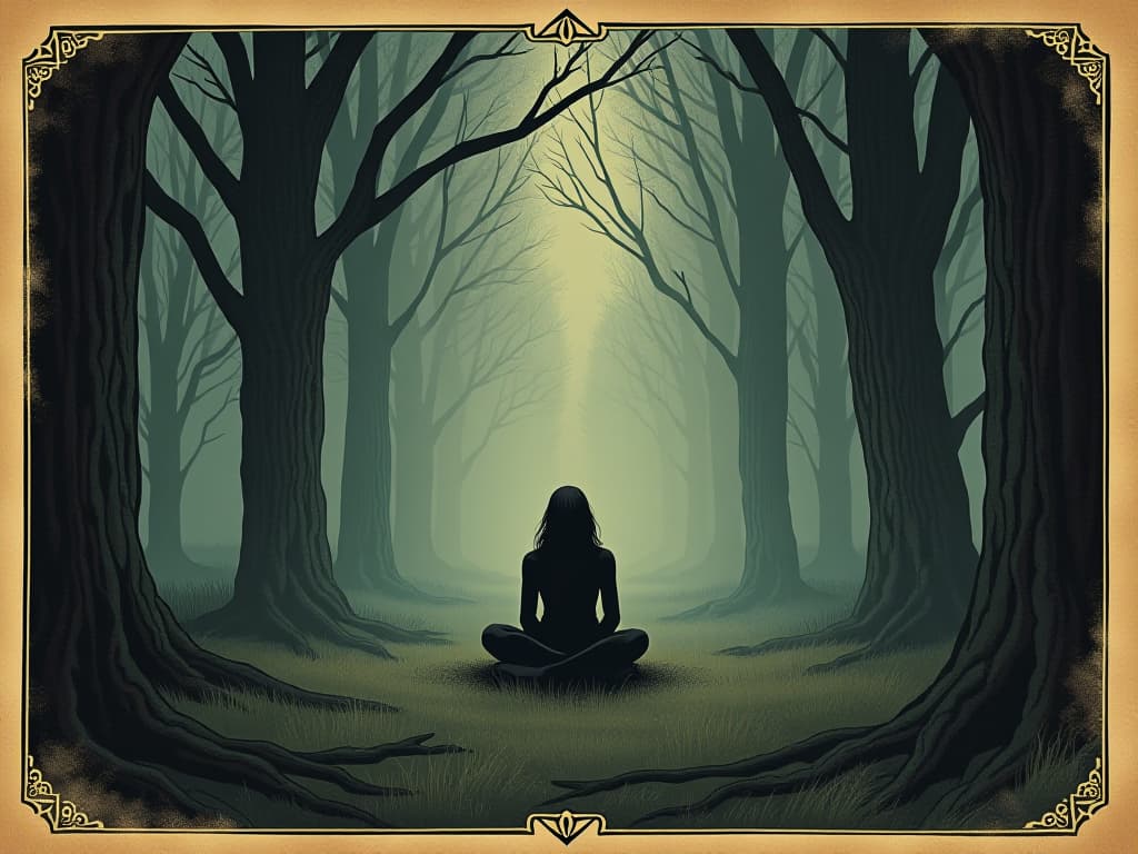  a figure sitting cross legged within a misty, enchanted forest, surrounded by ancient trees, aura of calm, shielded from chaos, protection, tranquility. an illustration in the style of a worn, mystical old tarot trump card, mysterious and elements of surrealism. the colors are muted, somber and eerie, but with contrast bring out an occult and esoteric vibe.