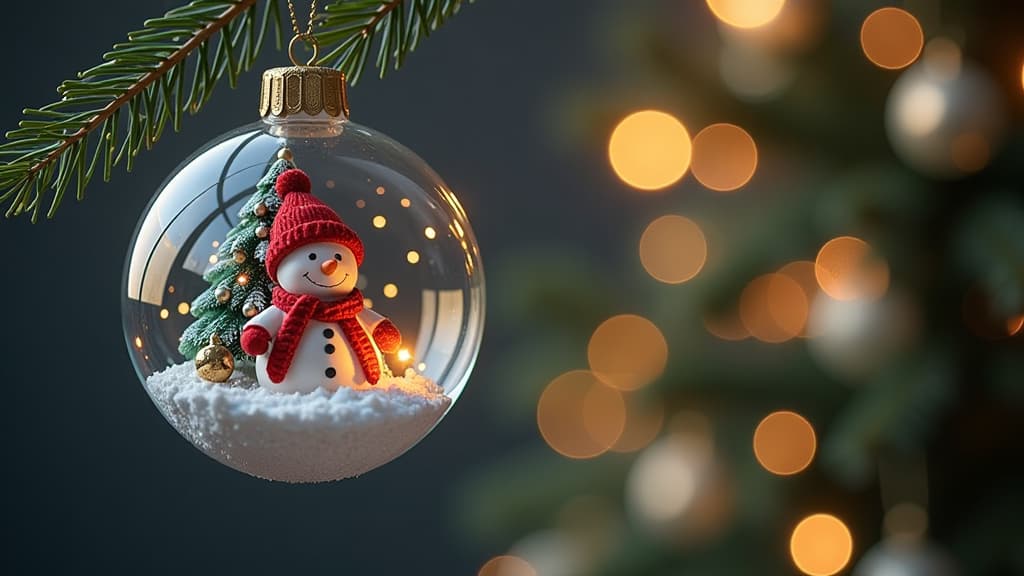  professional detailed photography, on the left in the photo is hanging in the air a transparent glass christmas tree ball, inside the ball is a small christmas snowman in hat and scarf, festive background. gold letters "merry christmas & happy new year" on the right in the photo ar 16:9, (muted colors, dim colors, soothing tones), (vsco:0.3)