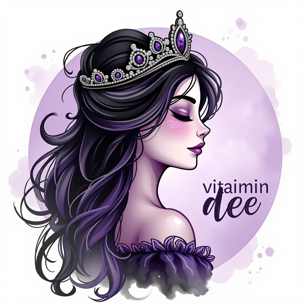  design a logo, in a watercolor style. princess black and purple spiritual, with the text 'vitamin dee'.