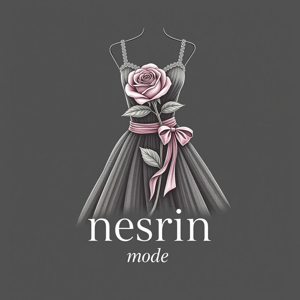  design a logo, in a pencil style. erstelle mir ein logo für ein kleider laden elegant aber auffällig mit einer rose mit drin und einem kleid , with the text 'nesrin mode '.