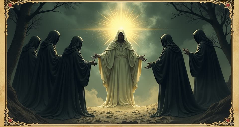  a group of figures cloaked in robes, reaching out towards a central figure illuminated by a mystical light, shadowy background, stark contrasts, ethereal glow, sense of divine judgement. an illustration in the style of a worn, mystical old tarot trump card, mysterious and elements of surrealism. the colors are muted, somber and eerie, but with contrast bring out an occult and esoteric vibe.