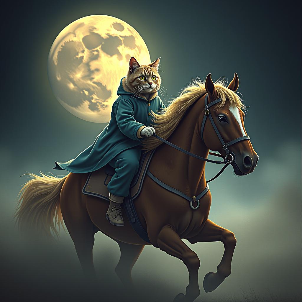  a cat riding a horse, hand drawn, on the moon, studio light, hdr 4k hyperrealistic, full body, detailed clothing, highly detailed, cinematic lighting, stunningly beautiful, intricate, sharp focus, f/1. 8, 85mm, (centered image composition), (professionally color graded), ((bright soft diffused light)), volumetric fog, trending on instagram, trending on tumblr, HDR 4K, 8K