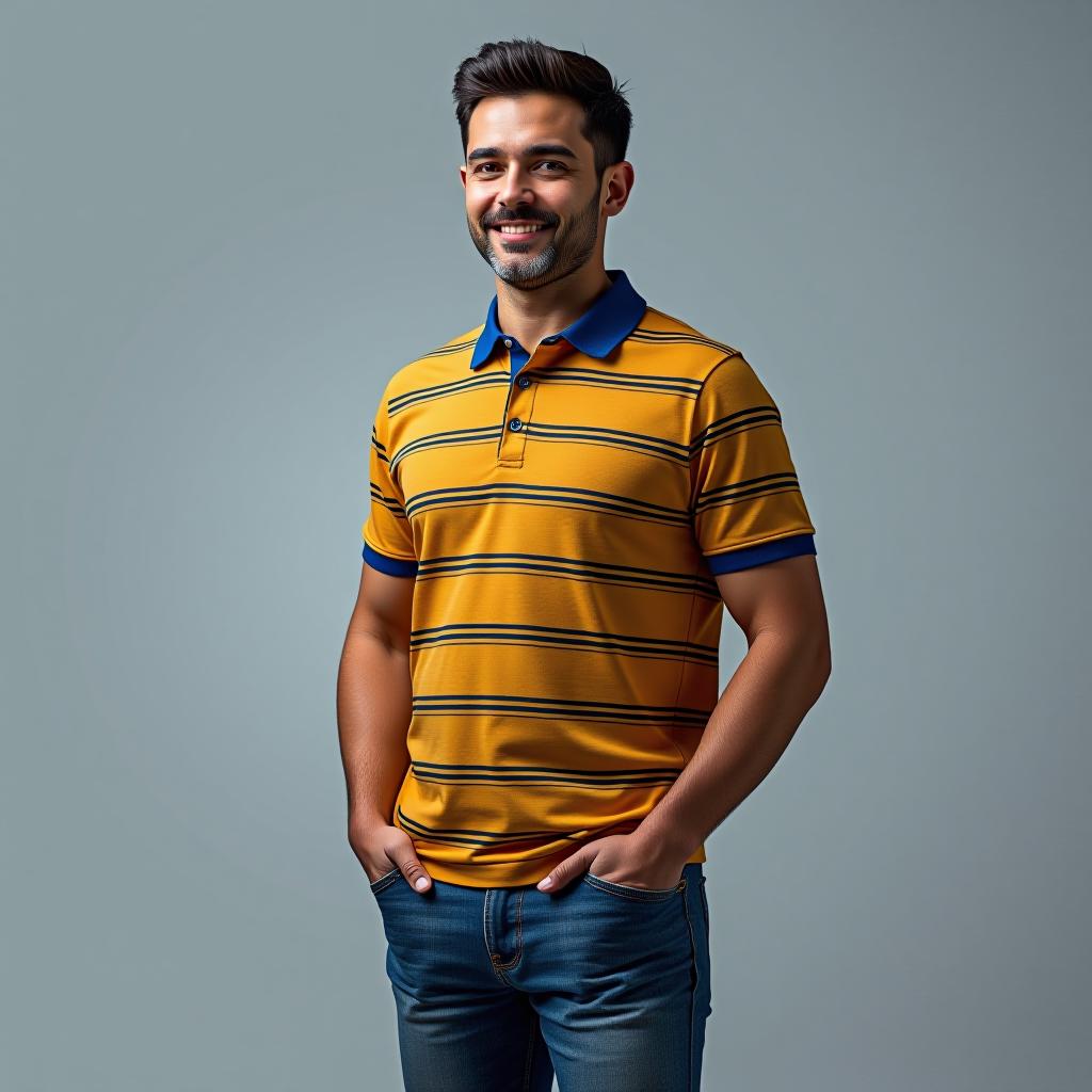  create a full body image of a man in a relaxed standing pose, wearing a polo shirt made from a cotton polyester blend fabric in a striped pattern with alternating rgb colors of #0000ff (blue) and #ffd700 (gold), ensuring all details and colors are accurately depicted.