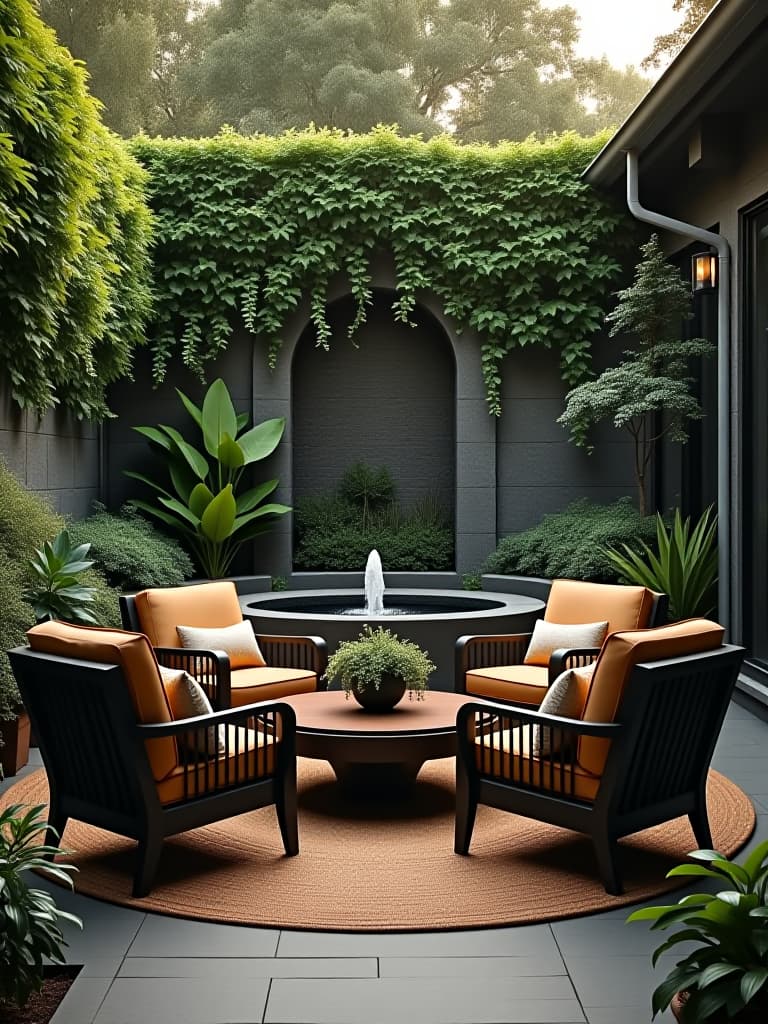  high quality portrait photo of a cozy patio conversation area with four deep seated armchairs around a circular coffee table, surrounded by a curved privacy wall covered in climbing plants, with a bubbling water feature nearby hyperrealistic, full body, detailed clothing, highly detailed, cinematic lighting, stunningly beautiful, intricate, sharp focus, f/1. 8, 85mm, (centered image composition), (professionally color graded), ((bright soft diffused light)), volumetric fog, trending on instagram, trending on tumblr, HDR 4K, 8K