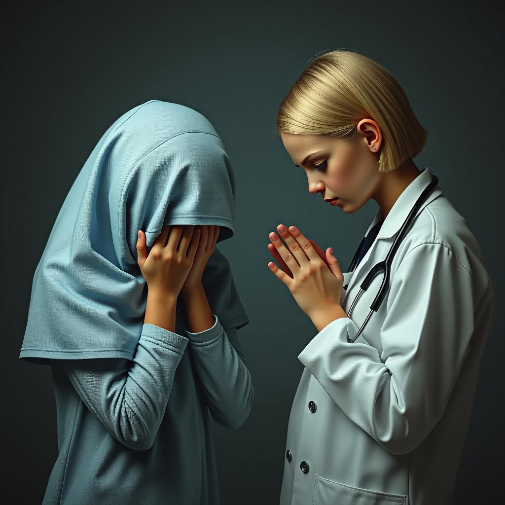  a girl with her head and hands covered, an unmade up doctor.