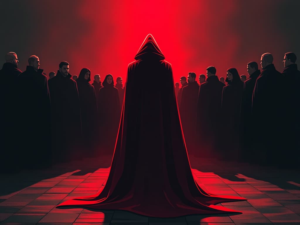  lone figure in red cloak, standing before crowd, faces in awe, aura of distinct presence. the style is digital art illustration / modern comic book / graphic dark novel fantasy and mysterious occult, symbolic, moody lighting, esoteric vibe,high detail on character design. for the color scheme emphasize blacks and reds.