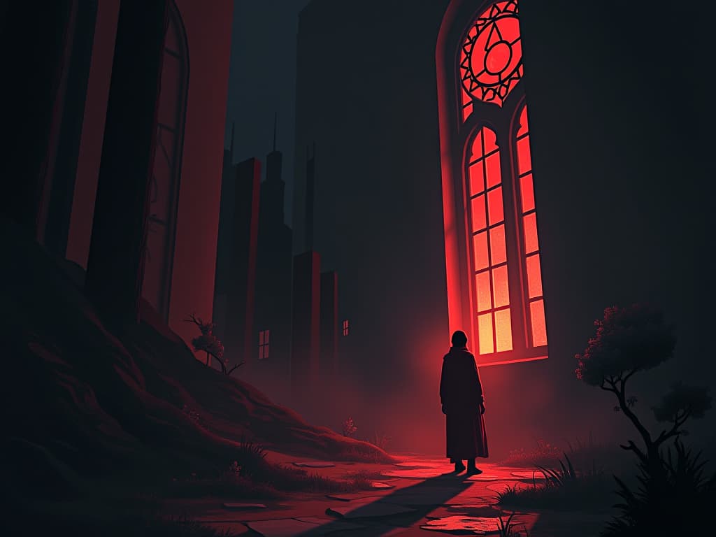  distraught friend in red attire, standing outside bright gathering, faint glow from a window, sense of isolation and regret. the style is digital art illustration / modern comic book / graphic dark novel fantasy and mysterious occult, symbolic, moody lighting, esoteric vibe,high detail on character design. for the color scheme emphasize blacks and reds.