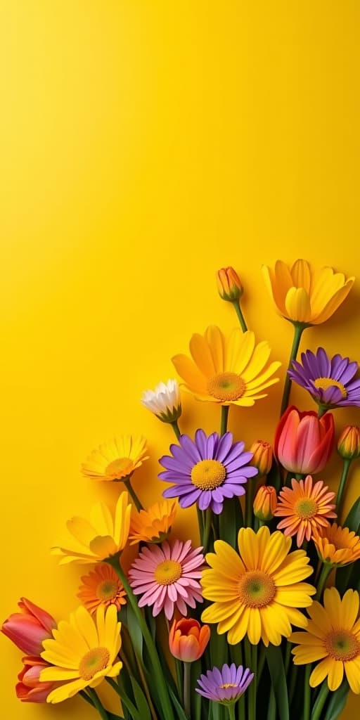  vibrant and cheerful floral arrangement on a yellow background , bright, cheerful, flowers, yellow, vibrant, colorful, spring