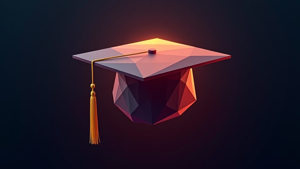  glowing graduation cap polygonal low poly illustration on dark background.