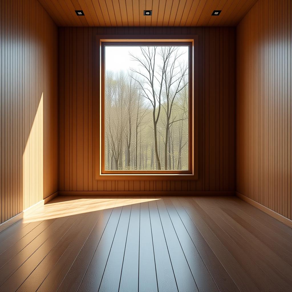  an empty room with a tall panoramic window, wooden walls, and a wooden floor, image format 9:16.