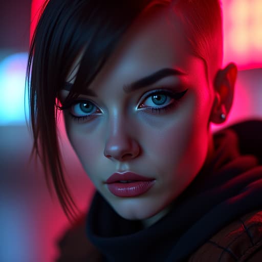  ultra realistic close up portrait ((beautiful pale cyberpunk female with heavy black eyeliner)), blue eyes, shaved side haircut, hyper detail, cinematic lighting, magic neon, dark red city, canon eos r3, nikon, f/1.4, iso 200, 1/160s, 8k, raw, unedited, symmetrical balance, in frame, 8k hyperrealistic, full body, detailed clothing, highly detailed, cinematic lighting, stunningly beautiful, intricate, sharp focus, f/1. 8, 85mm, (centered image composition), (professionally color graded), ((bright soft diffused light)), volumetric fog, trending on instagram, trending on tumblr, HDR 4K, 8K