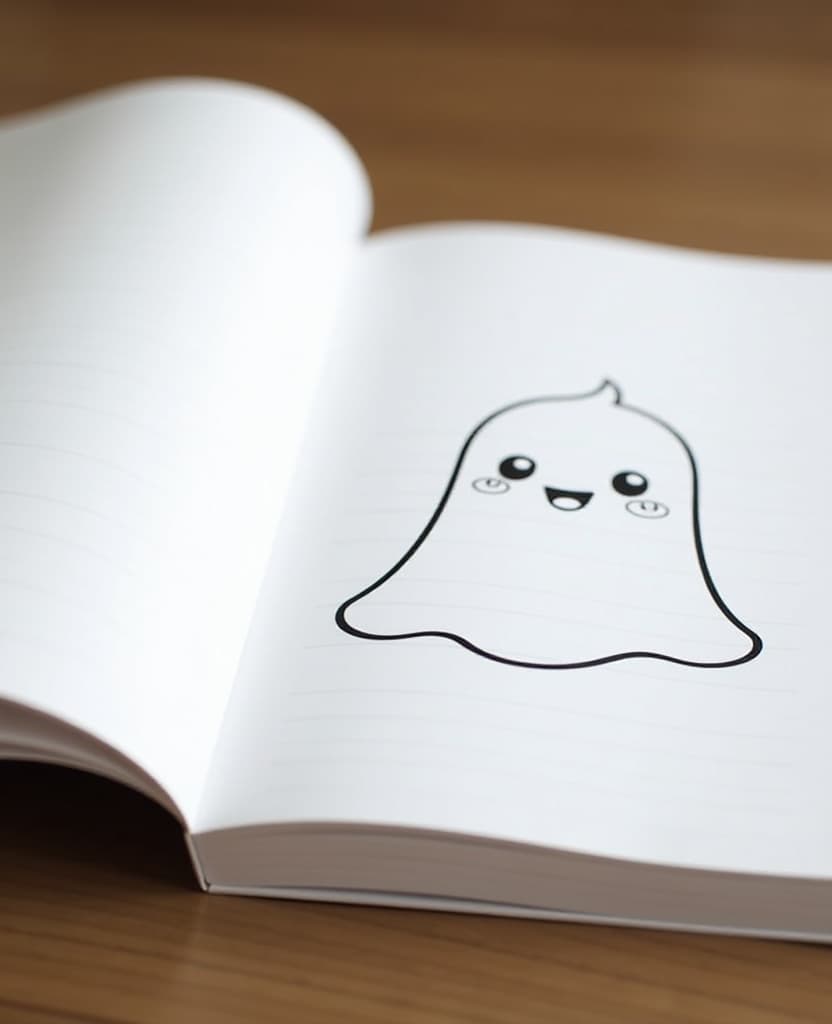  an open coloring book with a drawing of a kawaii ghost on one sheet on the right and the opposite sheet is blank, the sheets are slightly open, as if they were being flipped through, hand drawn, focusing on simplicity and clarity of lines, perfect for coloring., high quality, high details, hd, perfect composition, 4k epic detailed, highly detailed, sharp focus, high resolution