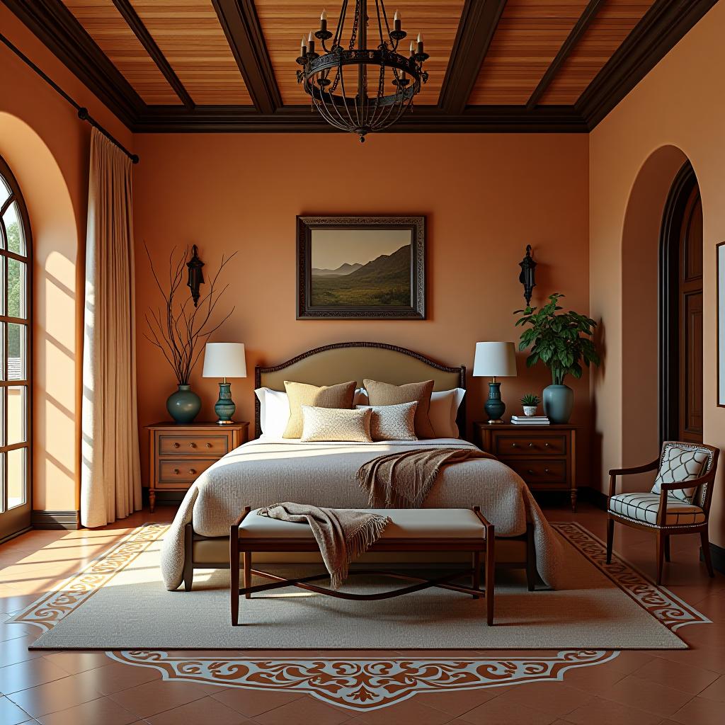  capture a stunningly beautiful, hyperrealistic 8k photograph of a master bedroom designed in the mediterranean style, characterized by warm colors, natural textures, rustic elements, and a relaxed ambiance. the photo features an intricate, symmetrical balance and a dense arrangement of spanish revival decorations on encaustic tile flooring. it is taken with a wide angle 35mm f/2 lens, using chiaroscuro lighting to create strong contrasts and a bright, soft diffused light for a dramatic effect. the professionally color graded image showcases a palette with dominant akaroa (#d8c8b4), complemented by orchid (#e284d9) and accented with polo blue (#82abcb). this unedited, hdr, raw photo uses cinestill 800t film grain, delivering an in frame, est