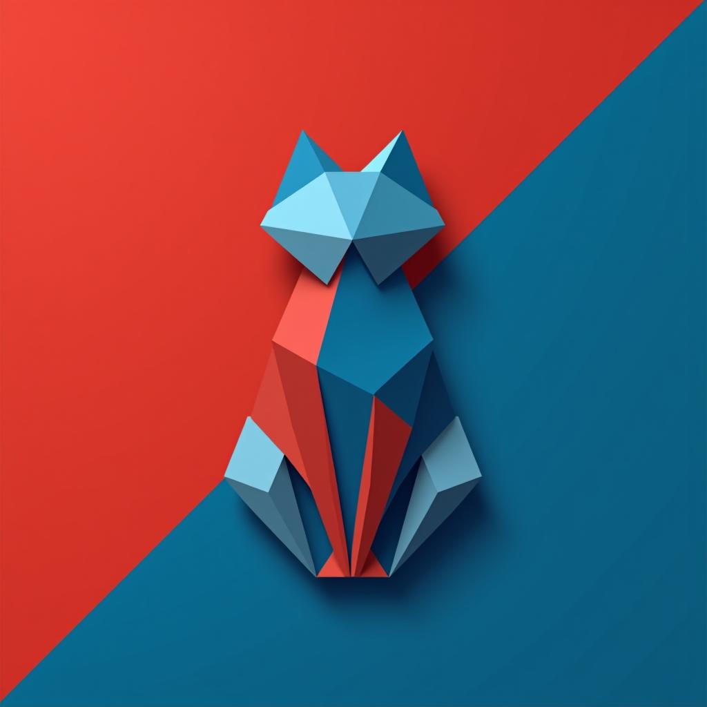  design a logo, in a origami style. minimalistic logo of a cat, blue and red background