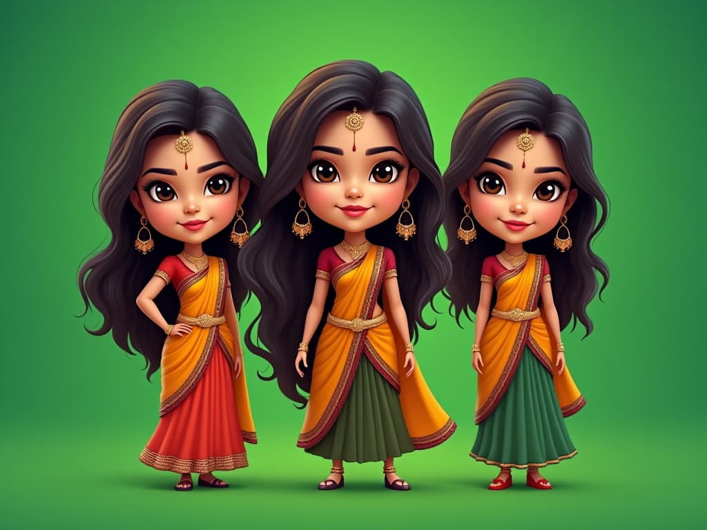  chibi caricatures of bollywood heroines and actresses, on plain greenscreen background hyperrealistic, full body, detailed clothing, highly detailed, cinematic lighting, stunningly beautiful, intricate, sharp focus, f/1. 8, 85mm, (centered image composition), (professionally color graded), ((bright soft diffused light)), volumetric fog, trending on instagram, trending on tumblr, HDR 4K, 8K