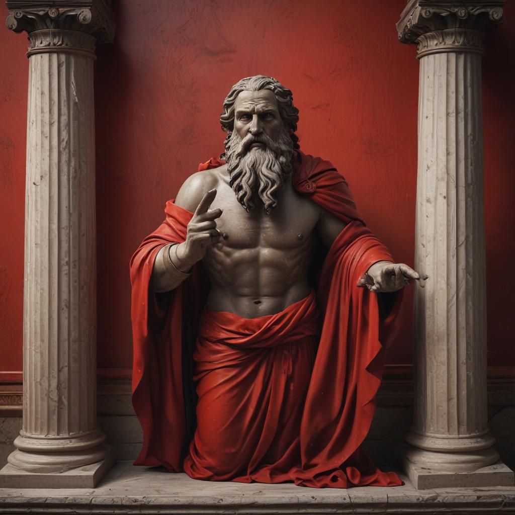 The revered Greek prophet, Chalcis, revealing the cause of the plague to a shocked Agamemnon, Chalcis with a wise and knowing expression, Agamemnon's realization dawning, a moment of truth and consequence, with ancient Greek architectural elements in the background"in the style of classical Greek pottery art, with intricate black figures on a red background, depicting mythological scenes with a focus on gods and heroes, using a limited color palette of red, black, and white"This image is a breathtaking painting that captures the magical scene with vivid detail. The overall composition is spellbinding, showcasing a perfect harmony. photorealism fantasy, unreal engine 5, concept hyperrealistic, full body, detailed clothing, highly detailed, cinematic lighting, stunningly beautiful, intricate, sharp focus, f/1. 8, 85mm, (centered image composition), (professionally color graded), ((bright soft diffused light)), volumetric fog, trending on instagram, trending on tumblr, HDR 4K, 8K