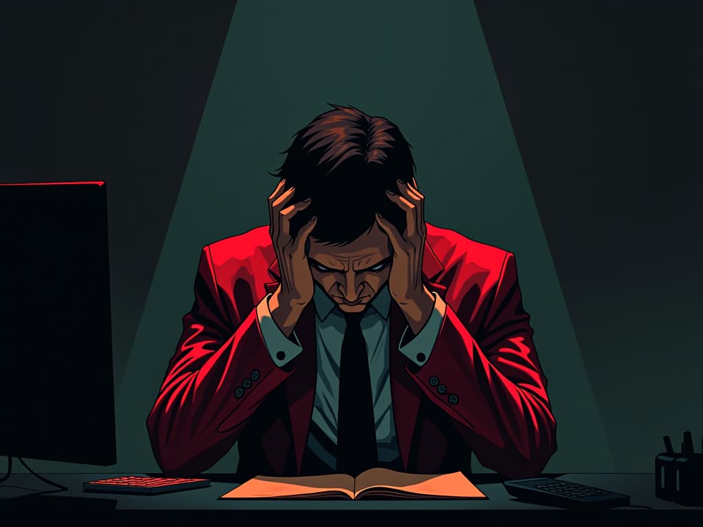  coworker in red business suit, at a desk, head in hands, struggling with authority, dim office light. the style is digital art illustration / modern comic book / graphic dark novel fantasy and mysterious occult, symbolic, moody lighting, esoteric vibe,high detail on character design. for the color scheme emphasize blacks and reds.