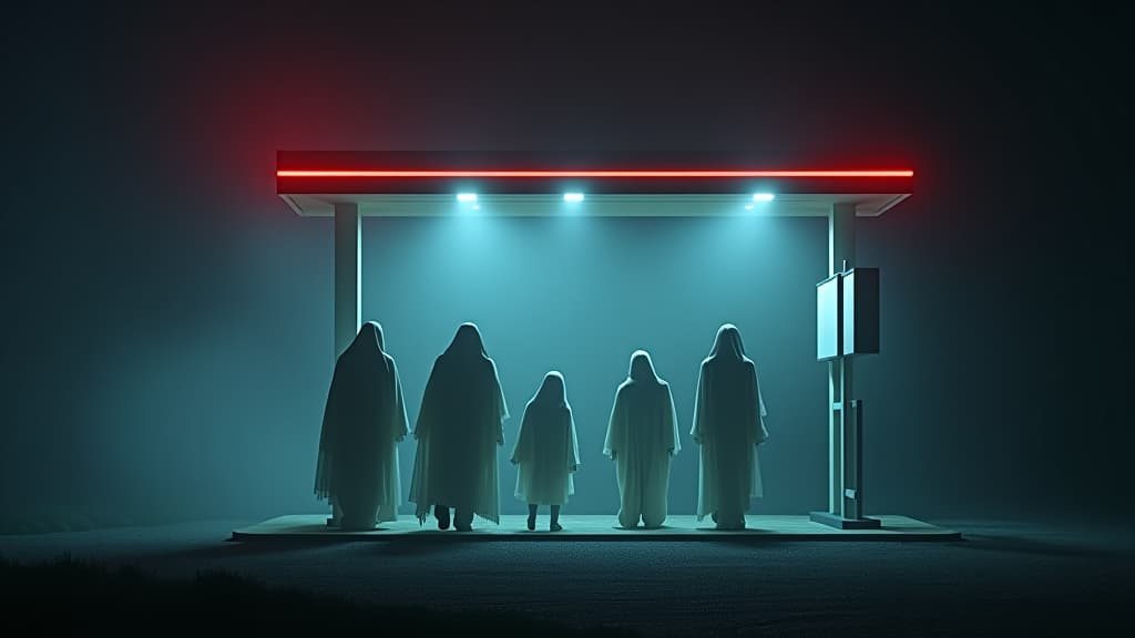  images about horror stories, a visual of a family of ghosts appearing at a truck stop, suggesting they are lost. hyperrealistic, full body, detailed clothing, highly detailed, cinematic lighting, stunningly beautiful, intricate, sharp focus, f/1. 8, 85mm, (centered image composition), (professionally color graded), ((bright soft diffused light)), volumetric fog, trending on instagram, trending on tumblr, HDR 4K, 8K