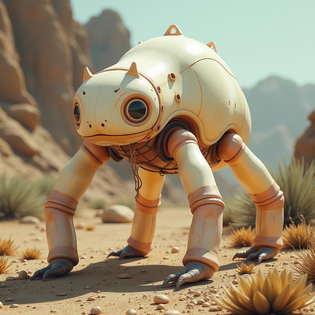  a photo of a six legged, land dwelling, bulky animal with translucent limbs and body inflated like balloons. the animal is on a planet with very strong gravity. the background contains a rocky terrain and unusual plants.