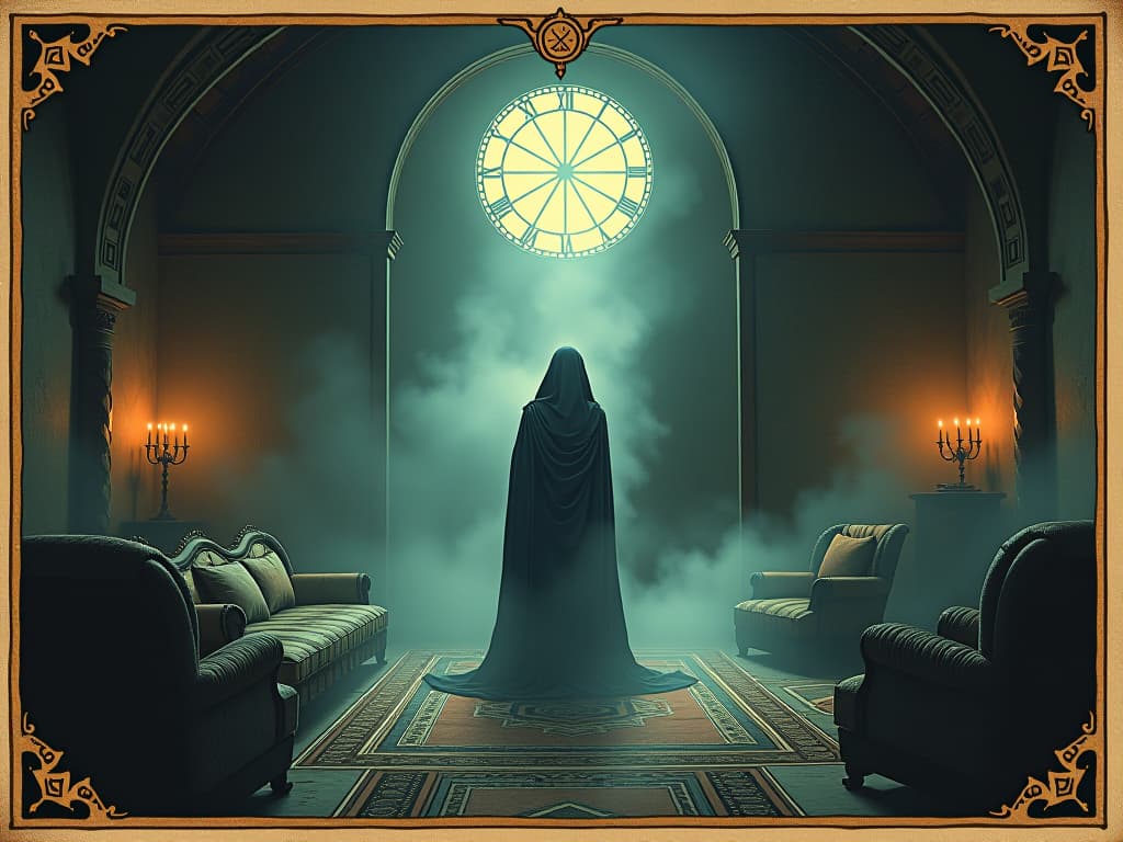  ethereal mist, ancient artifacts with glowing inscriptions, room filled with mystical energy, pervasive atmosphere. an illustration in the style of a worn, mystical old tarot trump card, mysterious and elements of surrealism. the colors are muted, somber and eerie, but with contrast bring out an occult and esoteric vibe.