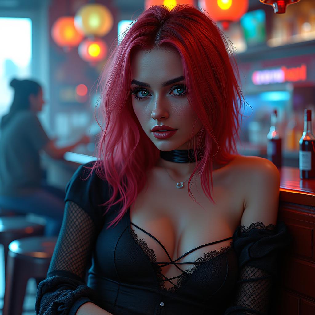  red and blue haired woman, sitting cyberpunk bar hyperrealistic, portrait, detailed clothing, highly detailed, cinematic lighting, stunningly beautiful, intricate, sharp focus, f/1. 8, 85mm, (centered image composition), (professionally color graded), ((bright soft diffused light)), volumetric fog, trending on instagram, trending on tumblr, hdr 4k, 8k hyperrealistic, full body, detailed clothing, highly detailed, cinematic lighting, stunningly beautiful, intricate, sharp focus, f/1. 8, 85mm, (centered image composition), (professionally color graded), ((bright soft diffused light)), volumetric fog, trending on instagram, trending on tumblr, HDR 4K, 8K